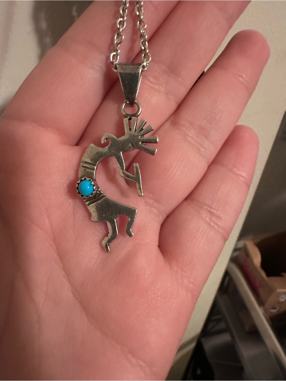 Sterling Silver Kokopelli Pendant Necklace with Turquoise Accent